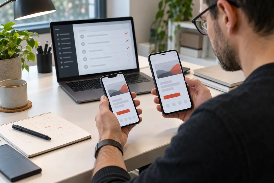 App-Test auf zwei Smartphones und einem Laptop