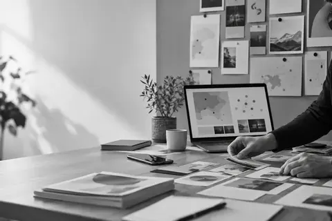 Marketingteam ordnet Themenkarten und Quellen für eine KI-Suchstrategie