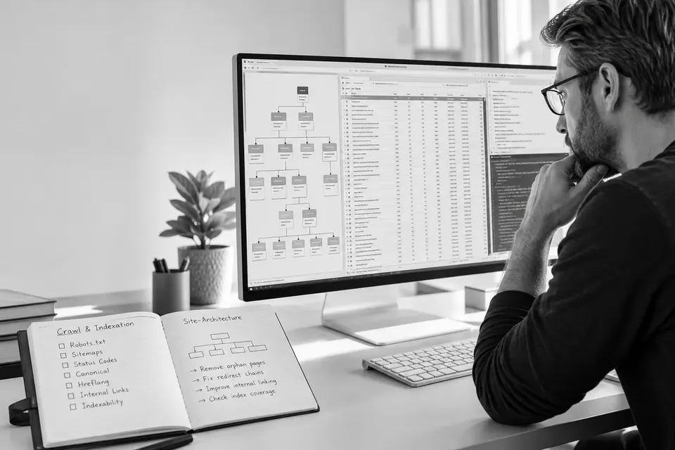 Schwarz-Weiß-Foto einer SEO-Analyse und Website-Struktur am Arbeitsplatz