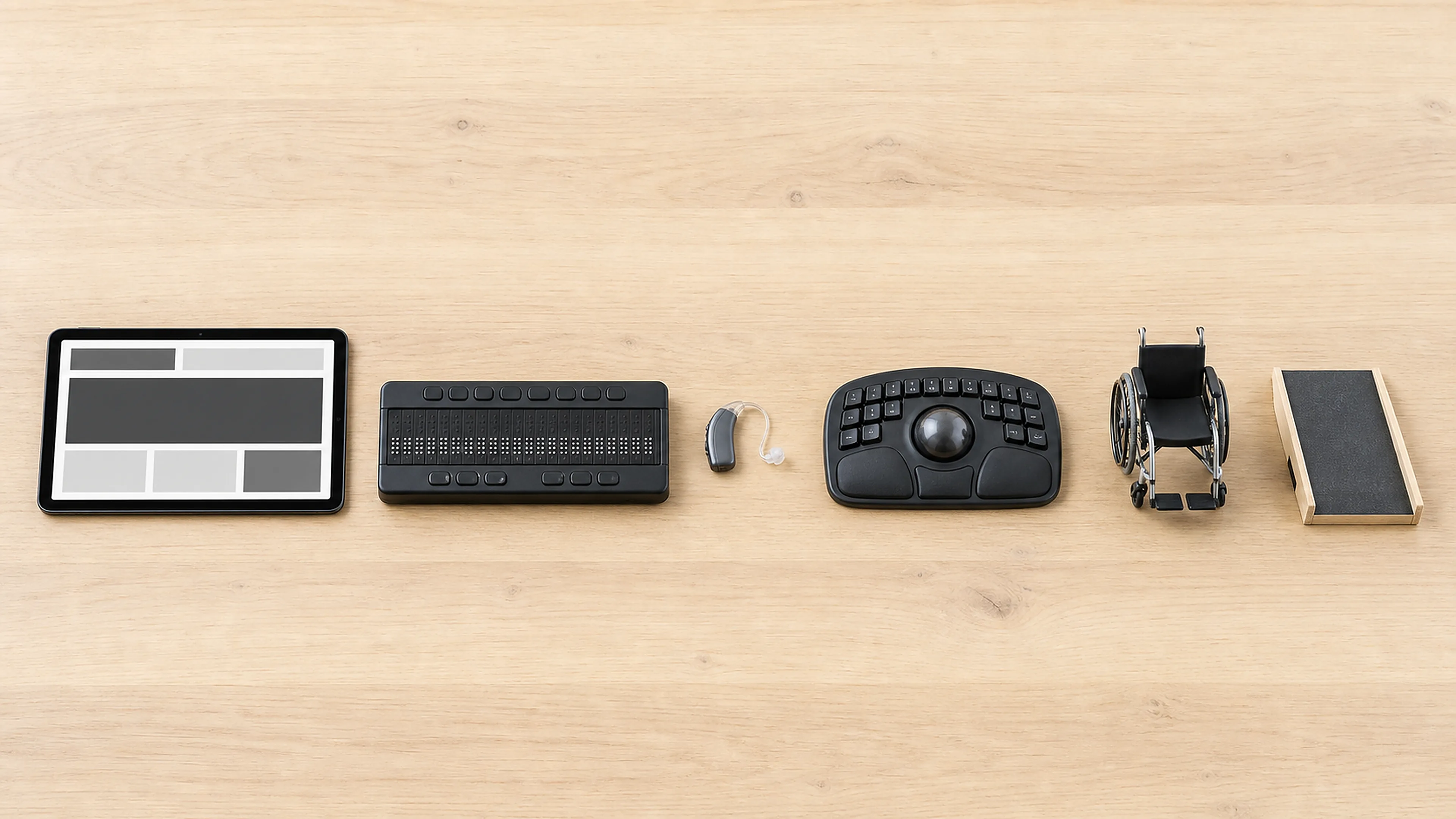 Tablet, Braillezeile, Hörgerät, adaptive Tastatur, Rollstuhl und Rampe veranschaulichen digitale Barrierefreiheit