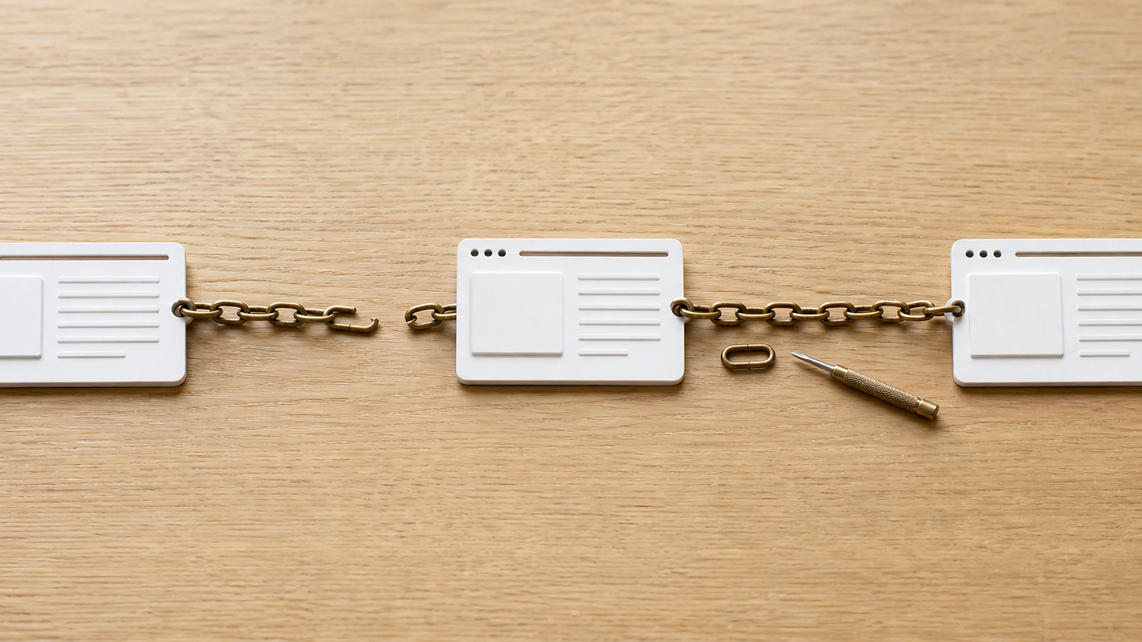 Drei Webseitenkarten sind über eine unterbrochene und zur Reparatur vorbereitete Messingkette verbunden