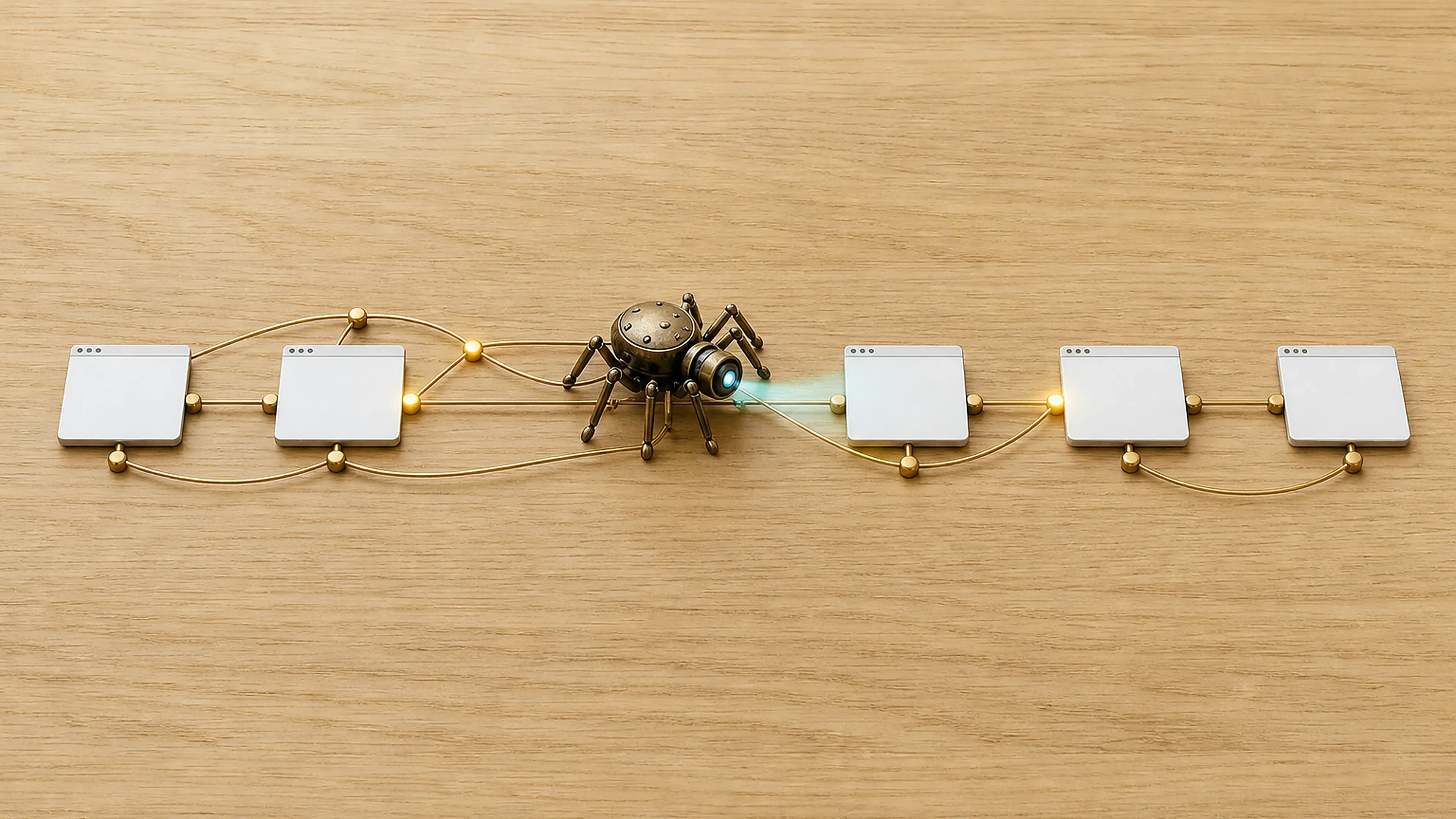 Ein mechanischer Crawler folgt einem Messingnetz und scannt miteinander verbundene Webseitenkarten
