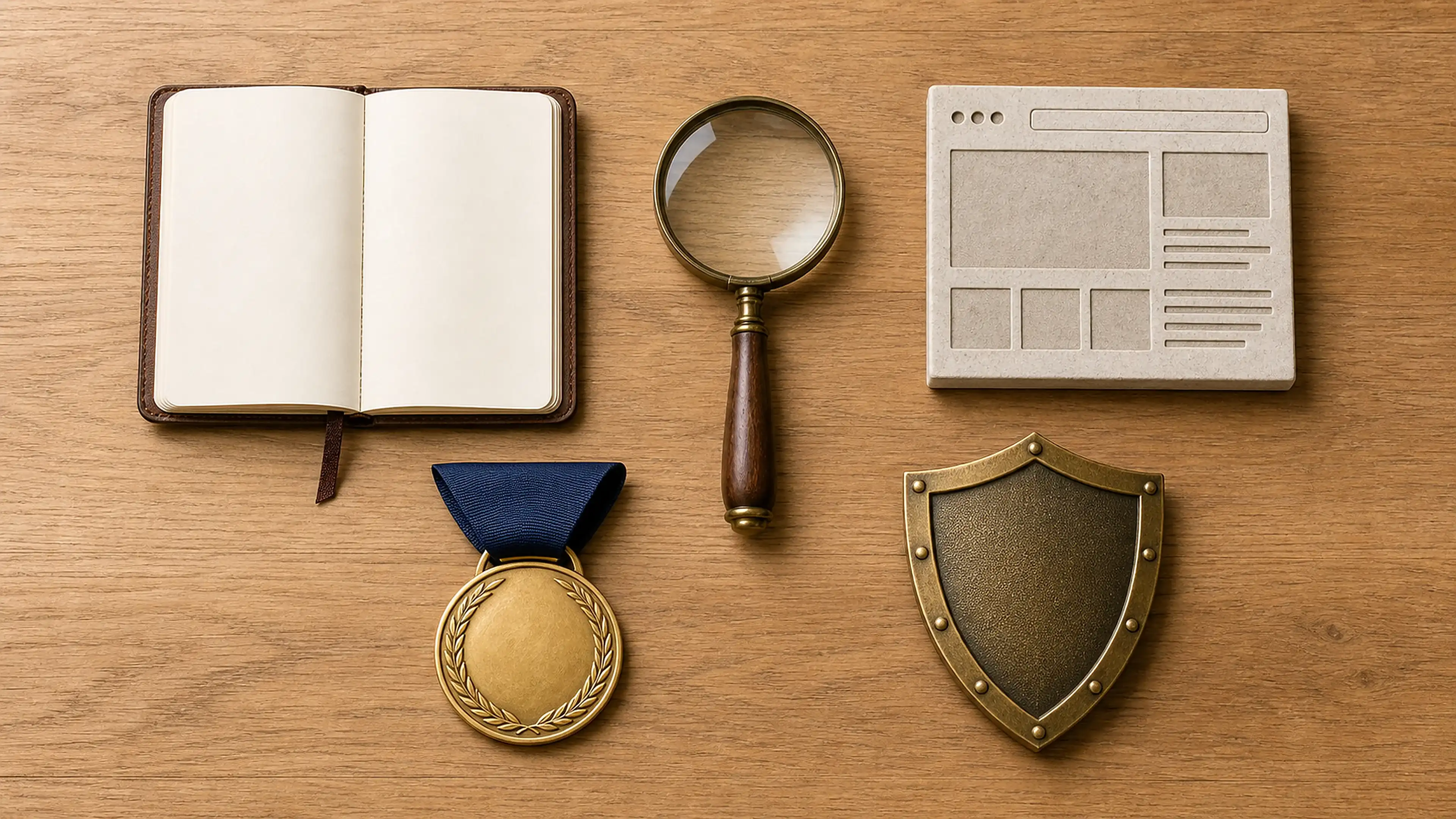Notizbuch, Lupe, Webseitenkarte, Medaille und Schutzschild stehen für Erfahrung, Expertise, Autorität und Vertrauen