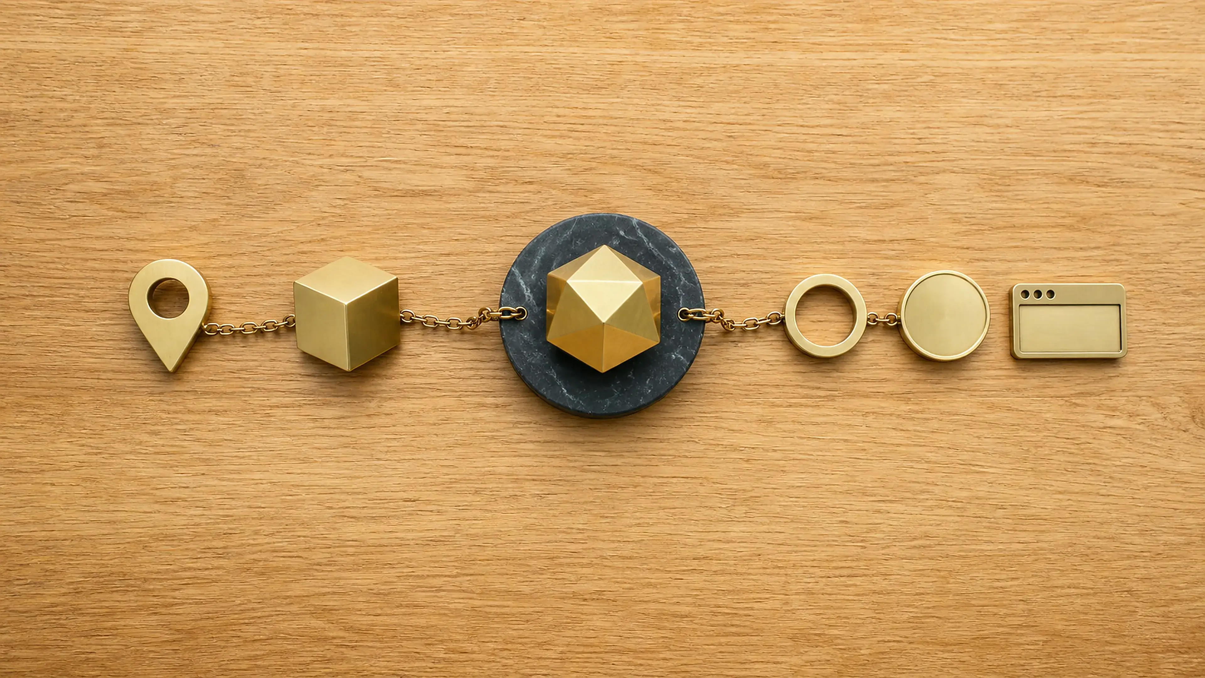 Eine zentrale goldene Entität ist mit Standort-, Kategorie-, Beziehungs-, Zeit- und Webseiten-Symbolen verbunden