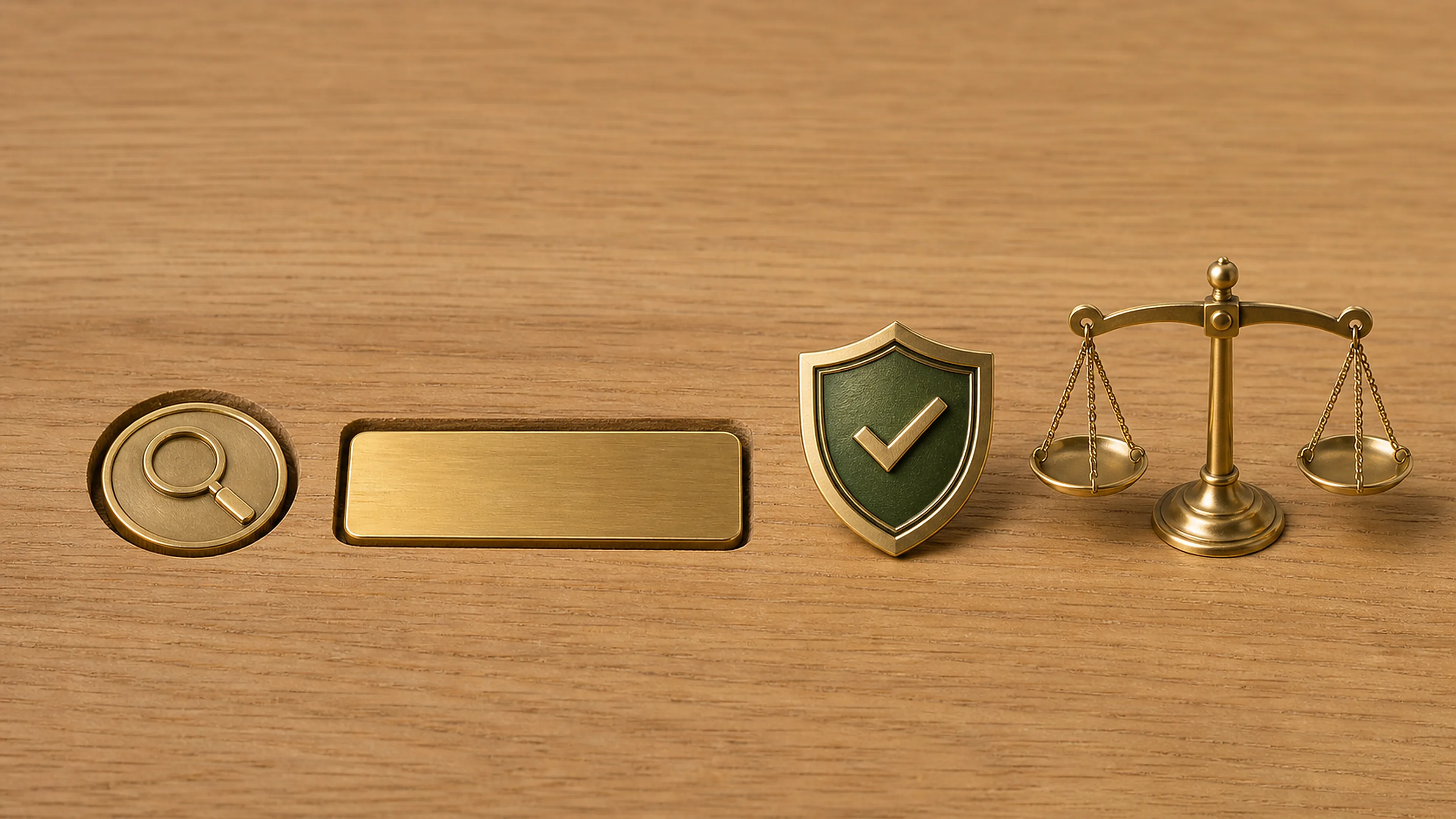 Suchsymbol, passgenaue Domainplakette, Qualitätsschild und Waage veranschaulichen Nutzen und Risiken einer Exact-Match-Domain