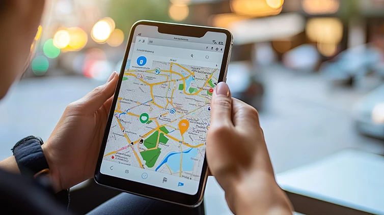 Person hält Smartphone mit Karten-App und Standort-Pins – Routen- und Anruf-Ziele für Local SEO.