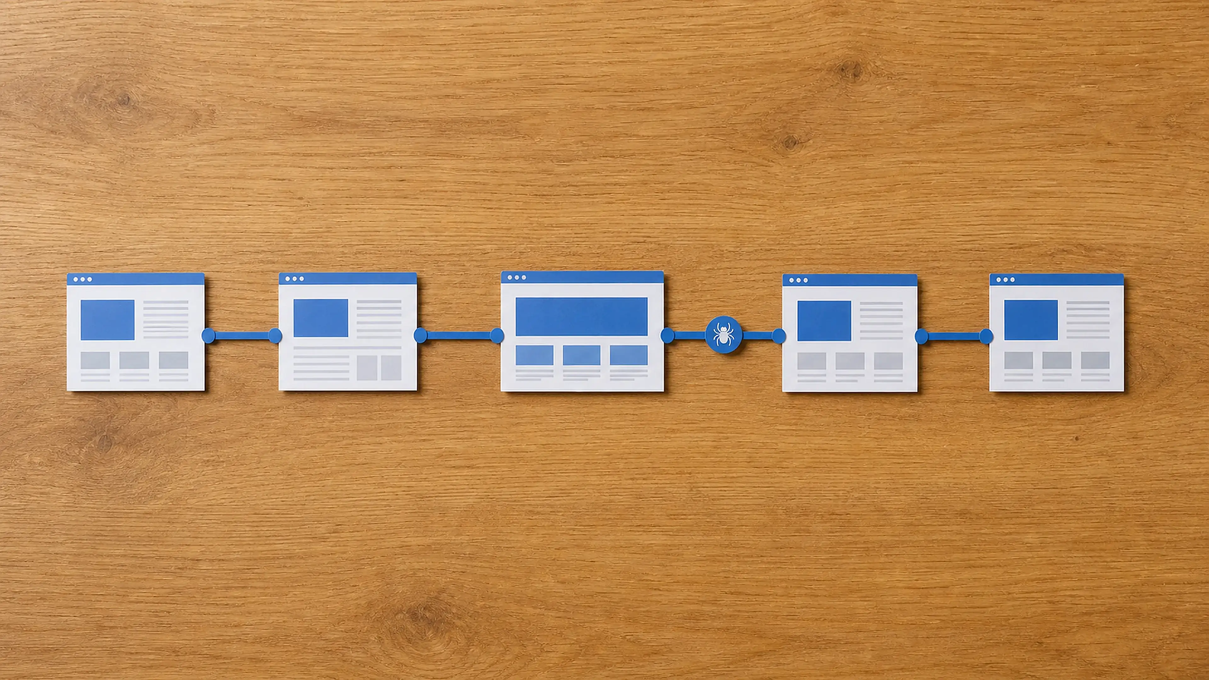 Fünf thematisch verbundene Webseiten bilden eine nachvollziehbare interne Linkstruktur für Nutzer und Crawler