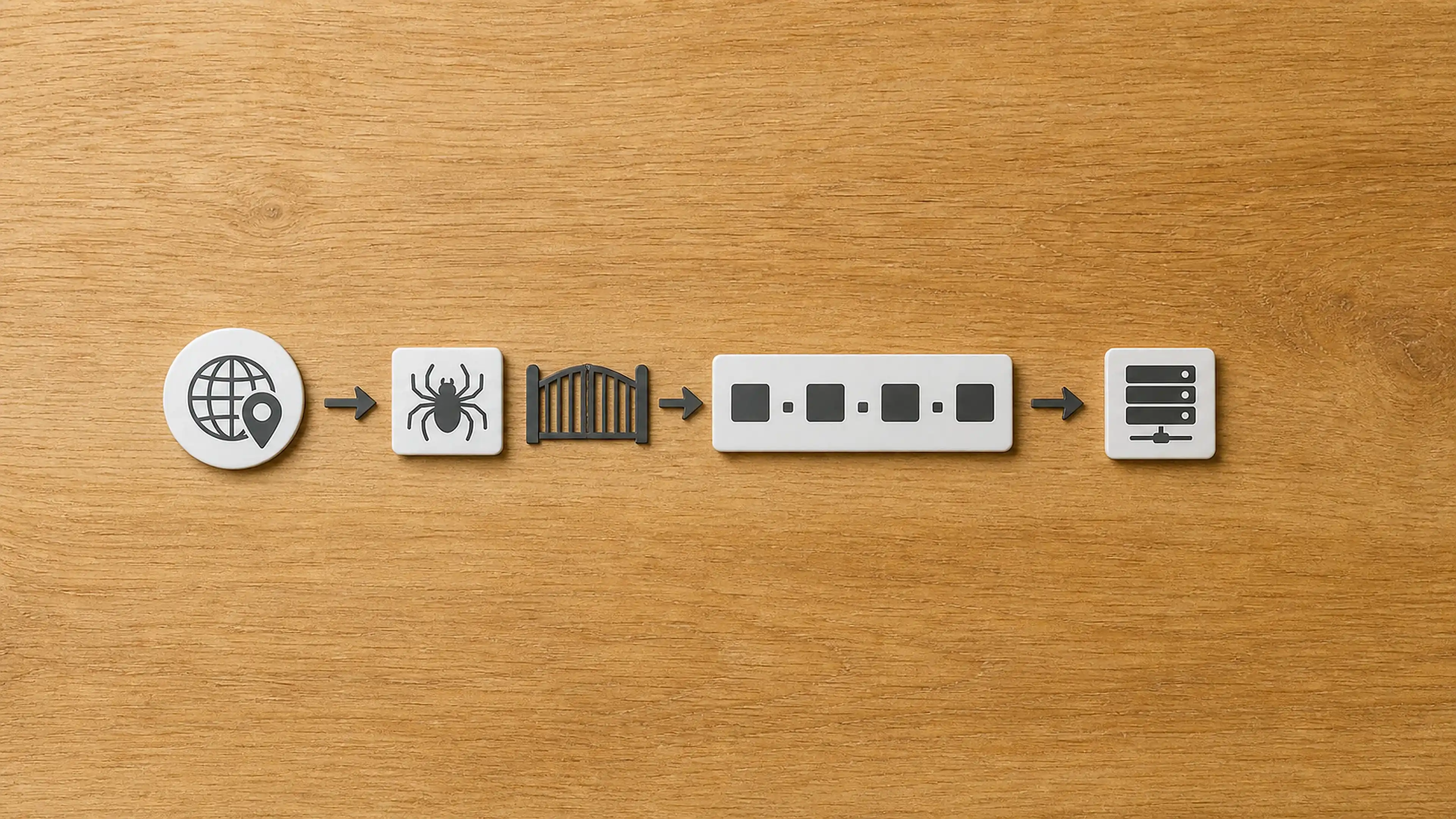 Ein Webcrawler passiert ein Netzwerktor und erreicht über eine eindeutige IP-Adresse den zuständigen Webserver