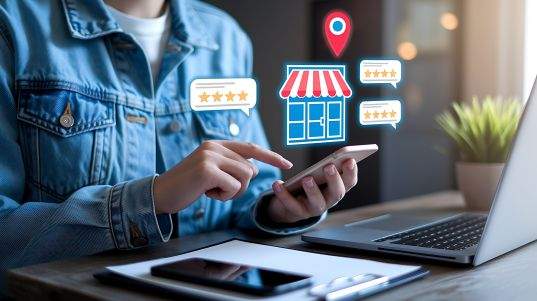 Local SEO erklärt: Smartphone mit Bewertungen, Standort-Pin und Laden-Icon – Suche mit lokalem Bezug