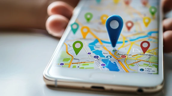 Smartphone mit Kartenansicht und mehreren Standort-Pins – mobile lokale Suche & Navigation.
