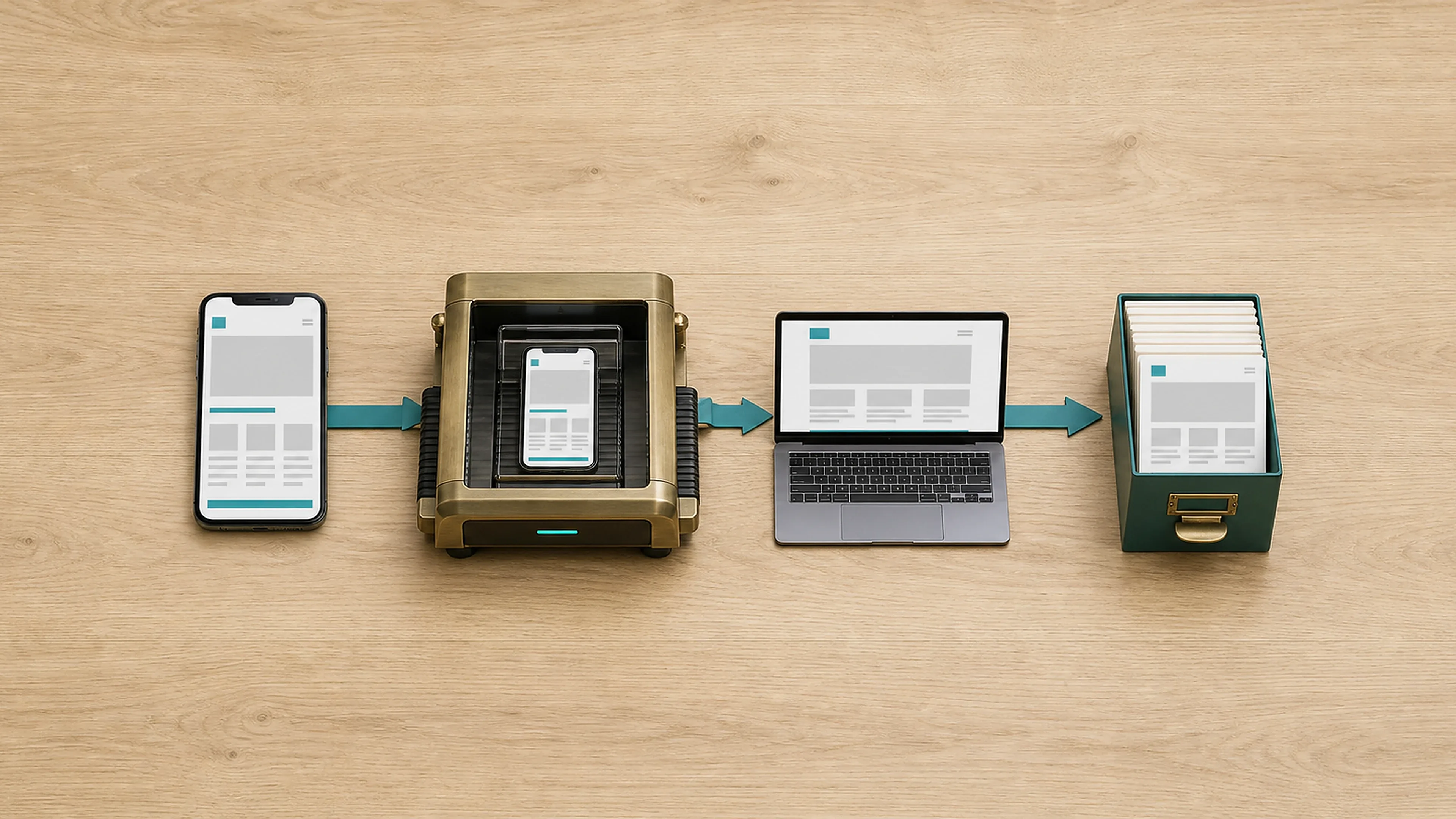 Ein Smartphone wird vor einem Laptop geprüft und seine mobile Seitendarstellung anschließend in einem Archiv abgelegt