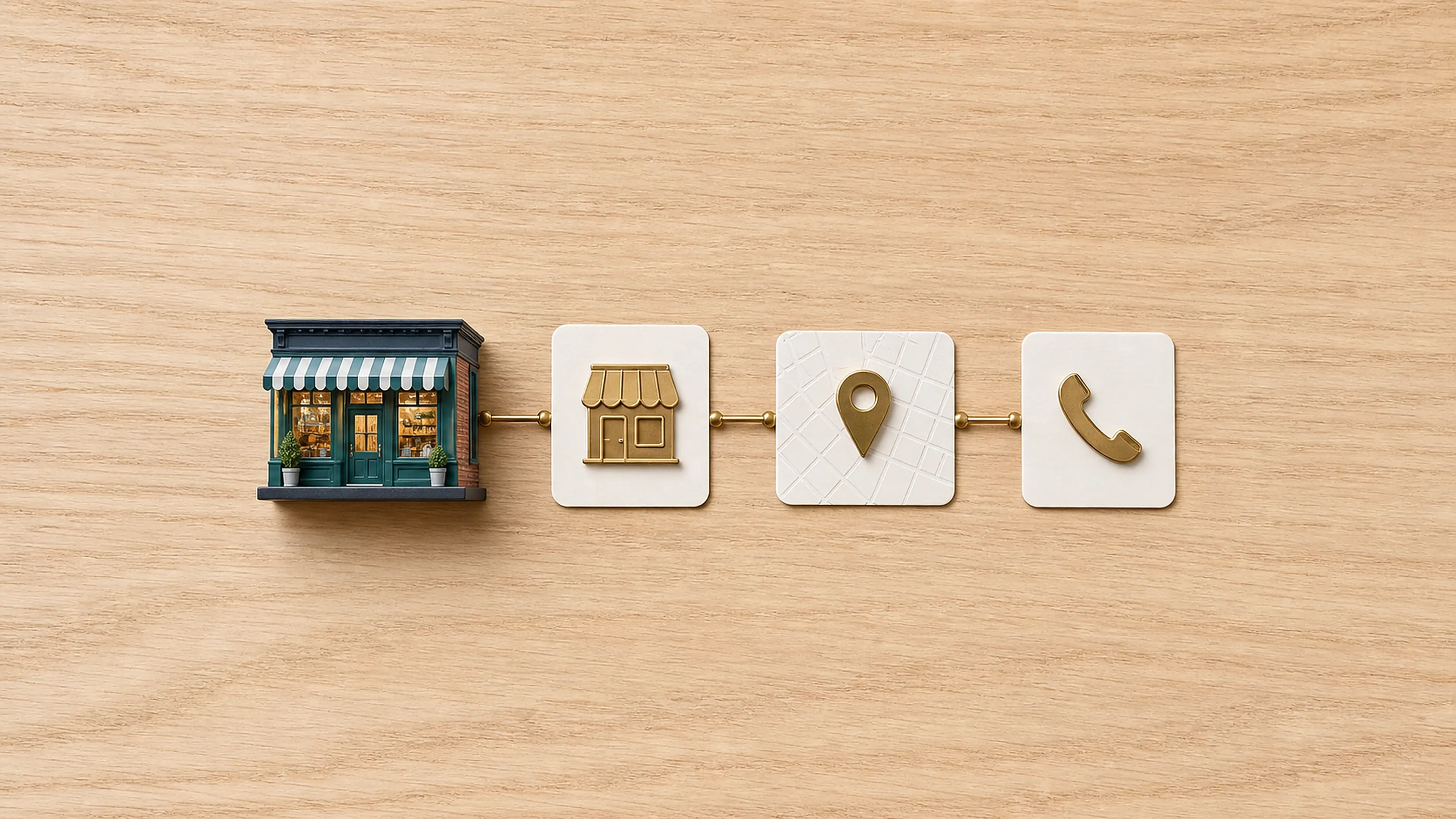 Ein lokales Geschäft ist mit drei Karten für Unternehmensidentität, Standort und Telefonnummer verbunden