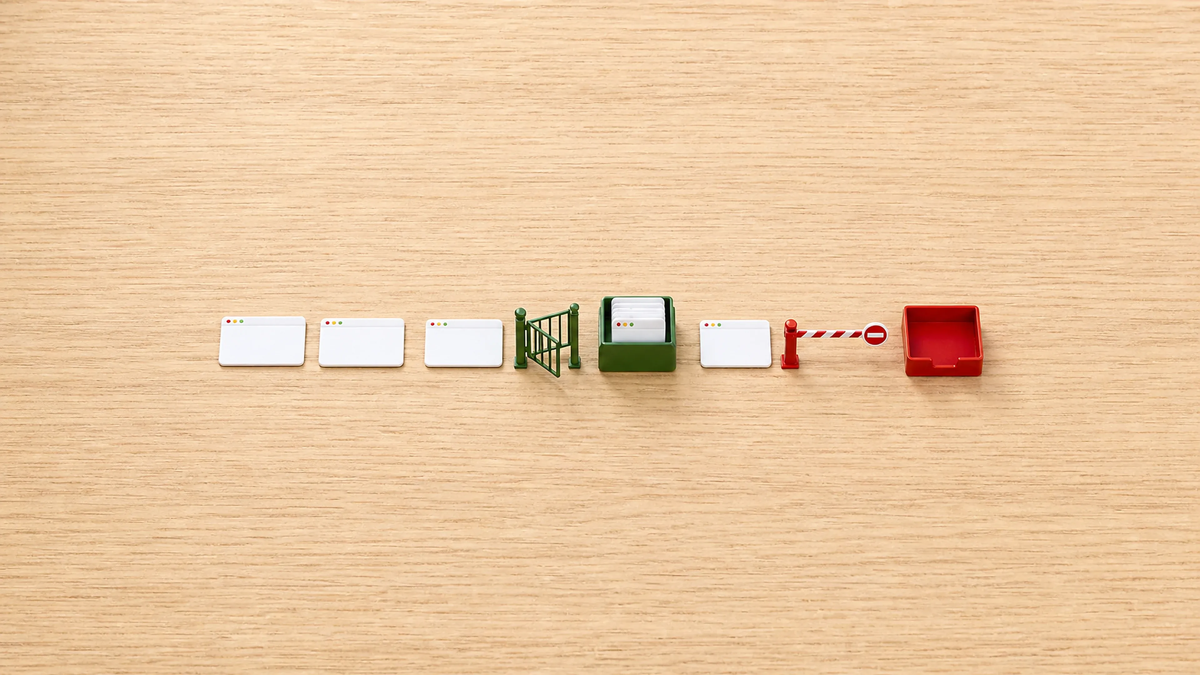 Drei Webseitenkarten passieren ein grünes Indextor in ein Archiv, während eine weitere Karte vor einer roten Sperre und einem Ausschlussfach endet