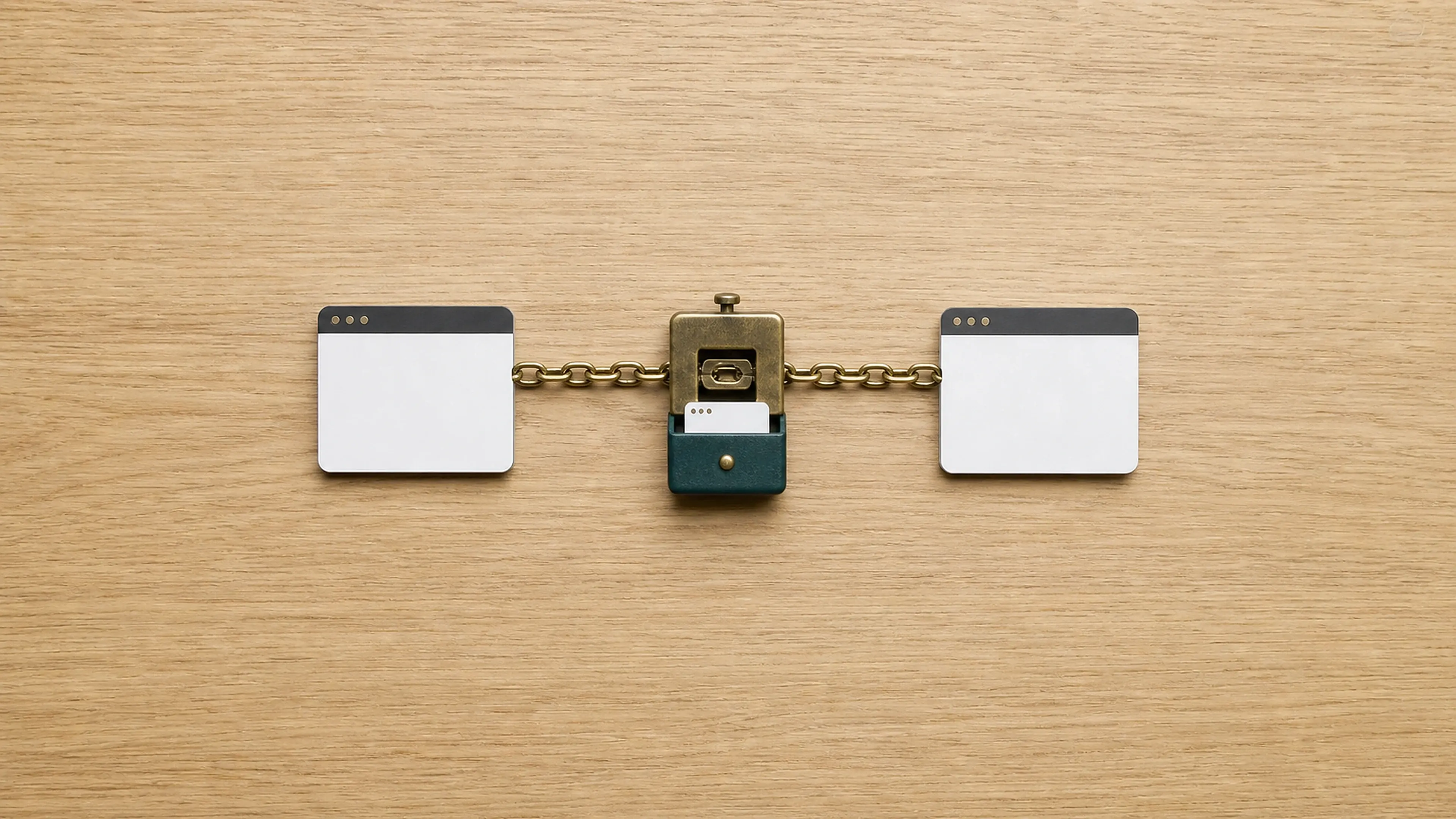Eine Linkkette verbindet zwei Browserseiten, während ein Privacy-Tor die Herkunftskarte vor dem Ziel in einem geschlossenen Fach zurückhält