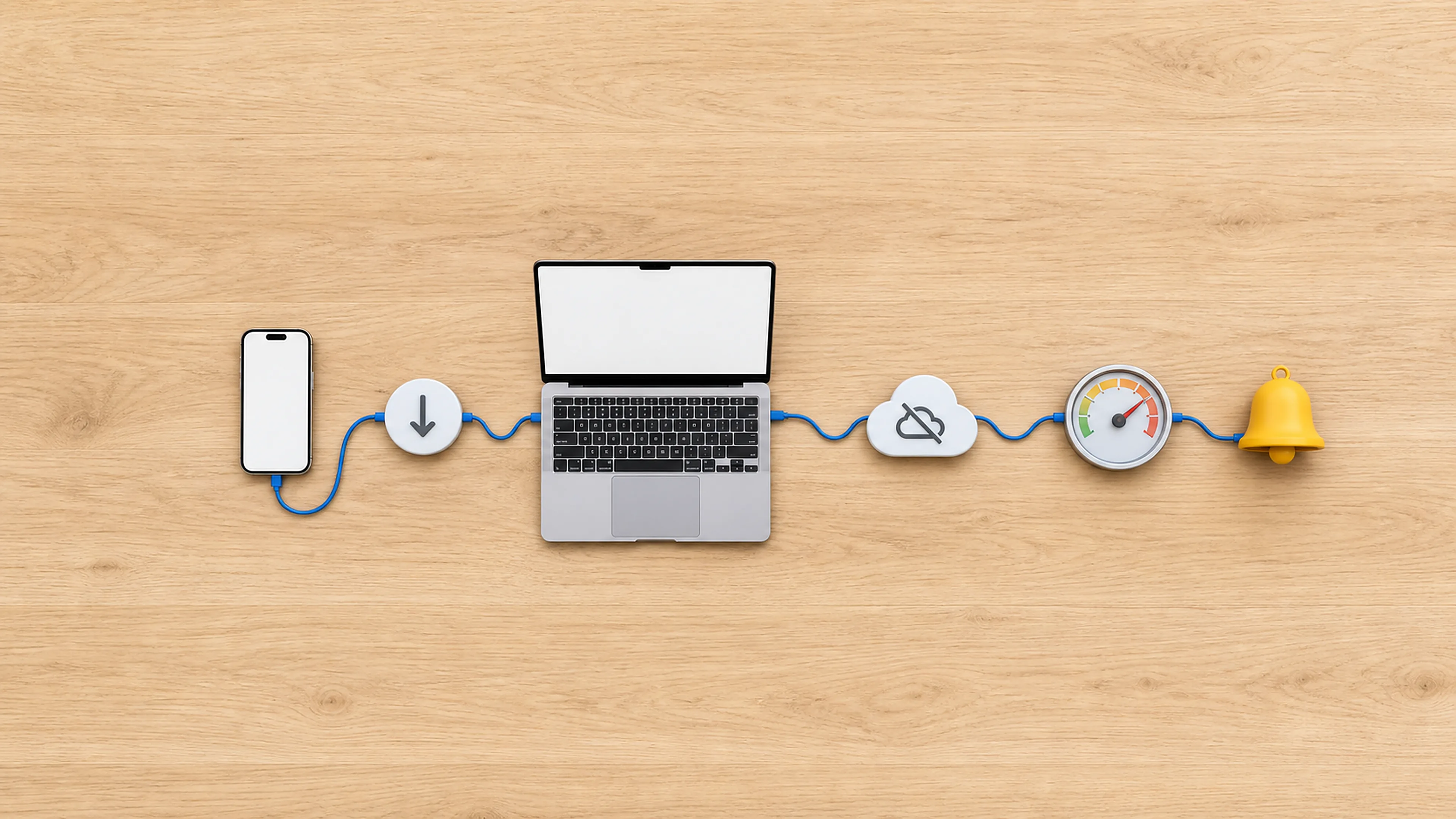 Smartphone und Laptop sind mit Installation, Offline-Funktion, Geschwindigkeitsanzeige und Benachrichtigung als Merkmale einer Progressive Web App verbunden