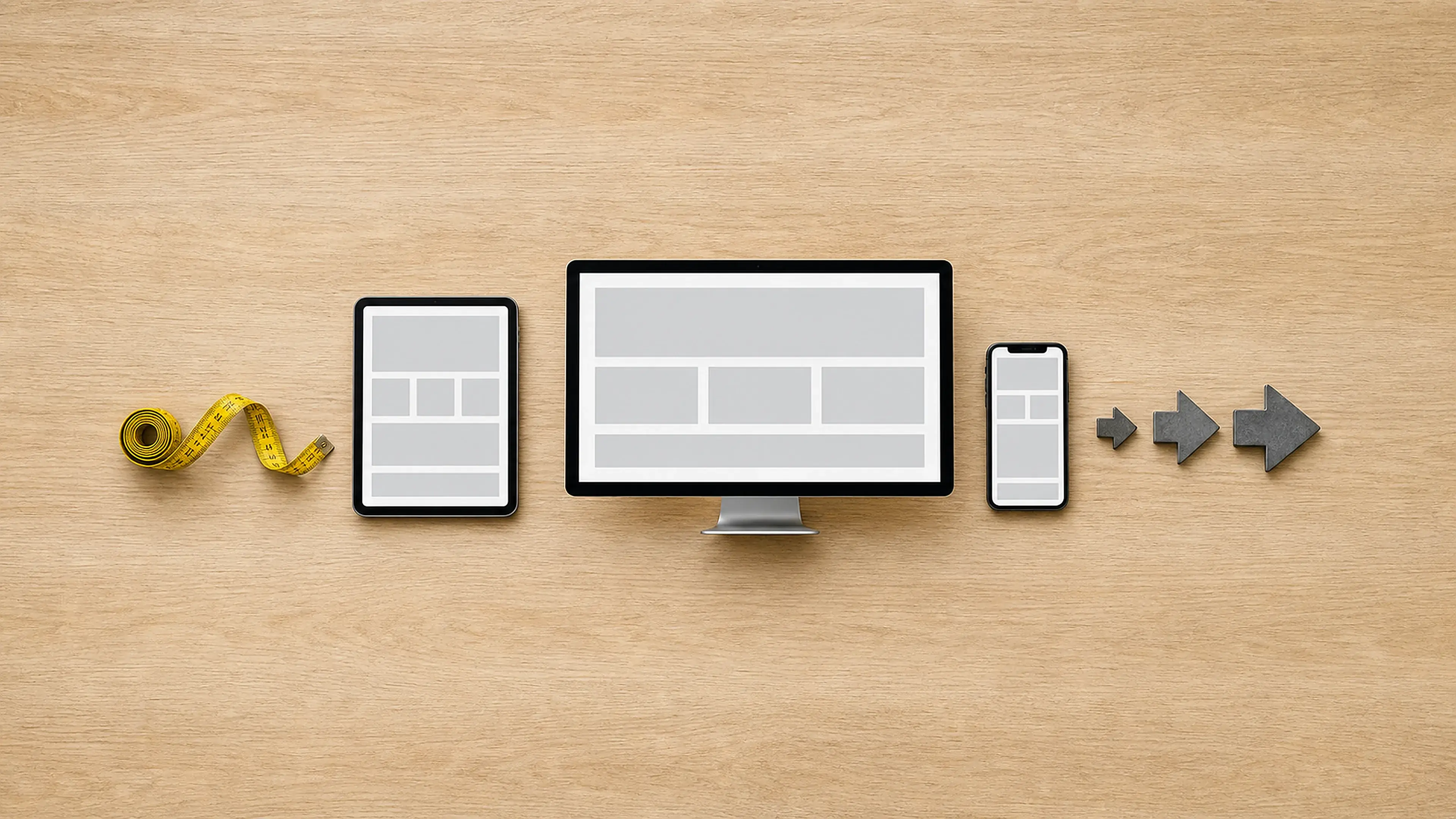 Dieselbe modulare Webseite passt sich Smartphone, Desktopmonitor und Tablet an; Maßband und Pfeile veranschaulichen flexible Breiten