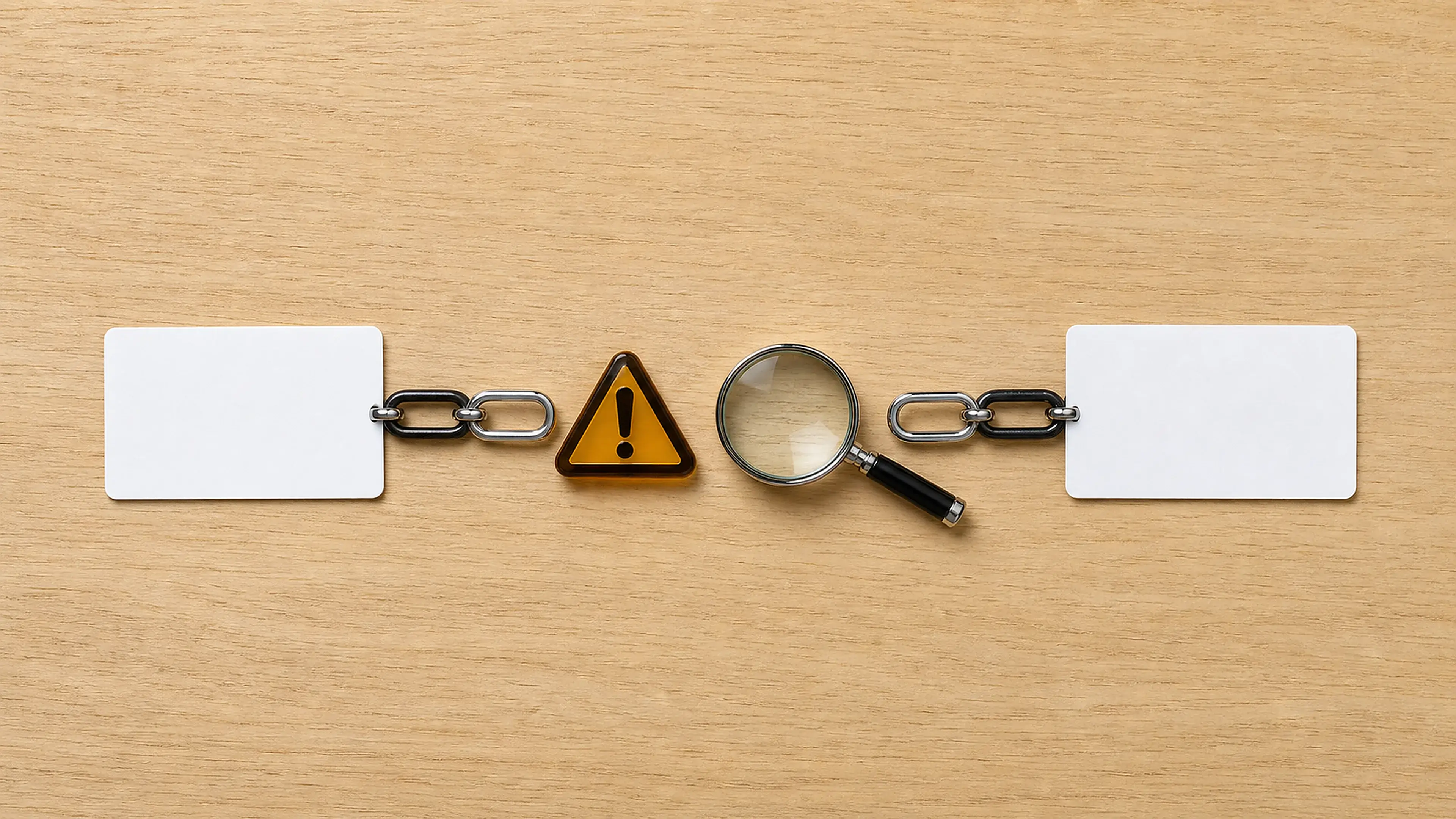 Zwei Webseitenkarten tauschen Links in beide Richtungen aus; Warnsymbol und Lupe kennzeichnen die notwendige Qualitätsprüfung
