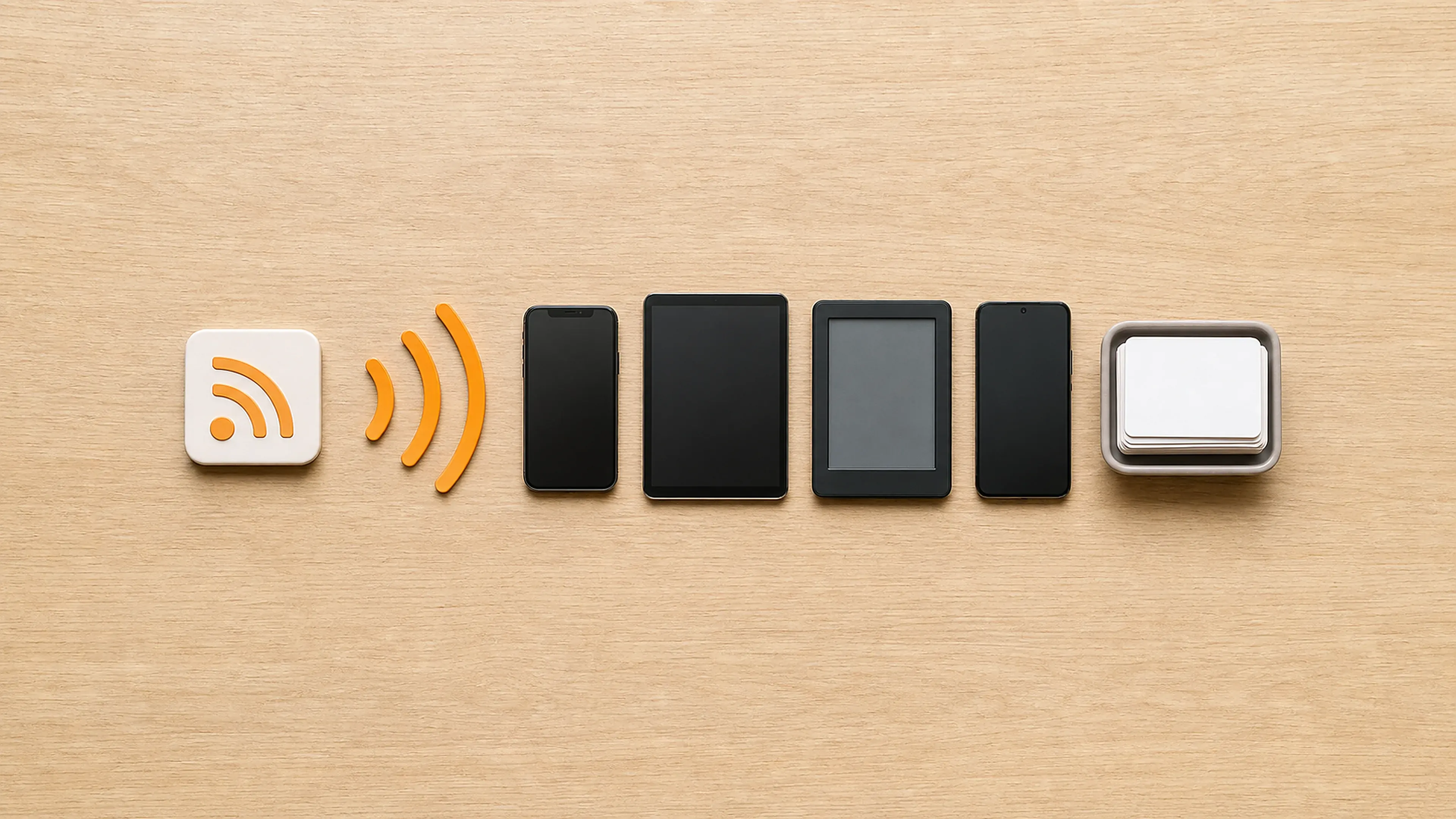 Ein orangefarbenes Feed-Signal verteilt neue Inhalte an mehrere Endgeräte und einen gemeinsamen Feed-Reader