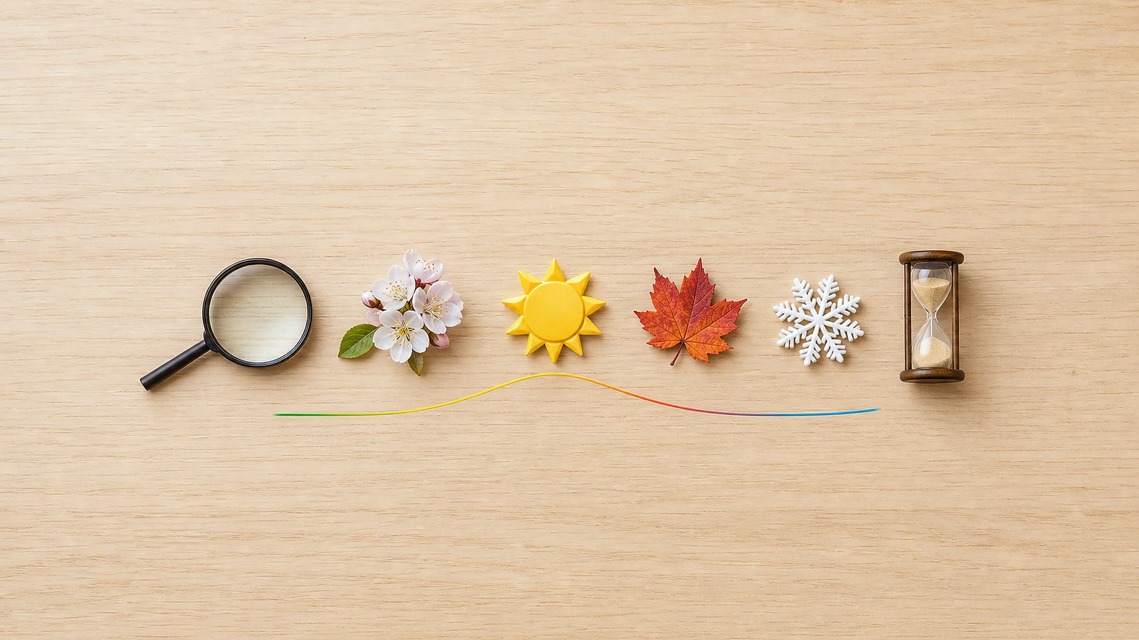 Eine Lupe steht neben Frühlingsblüte, Sommersonne, Herbstblatt, Schneeflocke und Sanduhr; eine Kurve zeigt die saisonalen Nachfragephasen