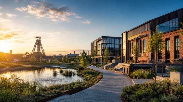 Digital erzeugte Industrielandschaft mit Zechensilhouette, Teich und Business-Campus für Castrop-Rauxel