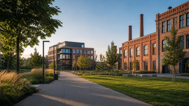 Digital erzeugtes Stadtmotiv mit umgenutzter Backsteinarchitektur, Business-Campus und Grün für Gladbeck