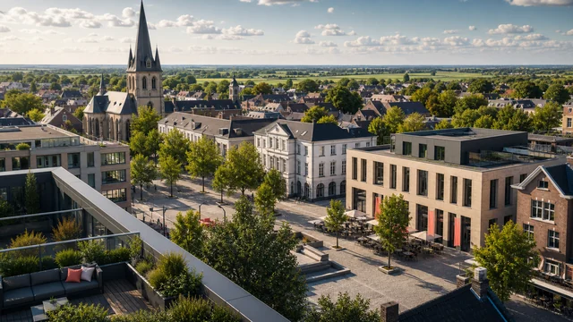 Digital erzeugtes niederrheinisches Stadtzentrum mit Markt, Grün und moderner Architektur für Viersen