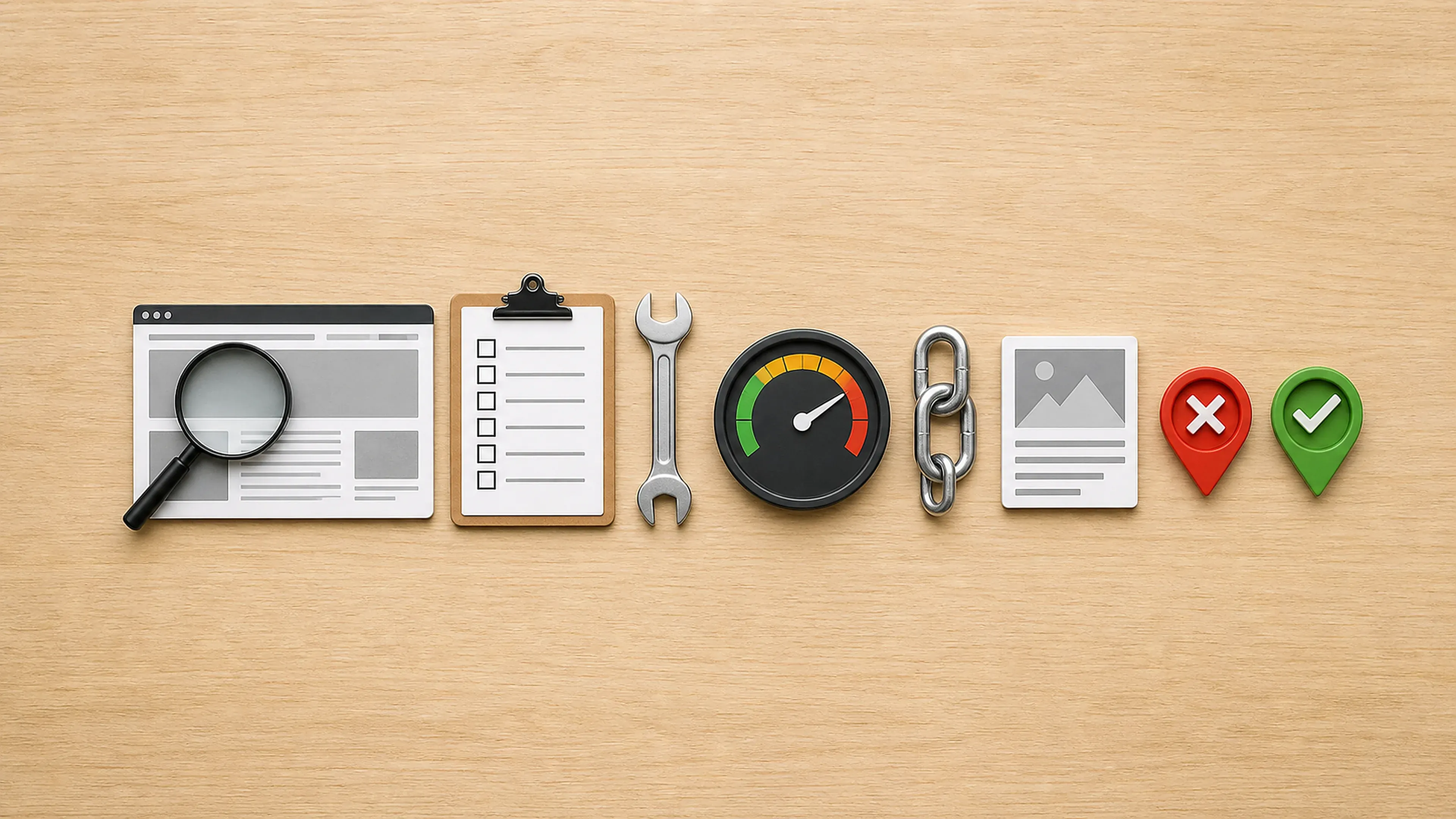 Webseite, Lupe, Prüfliste, Werkzeug, Leistungsanzeige, Linkkette und Fehler- sowie Freigabemarker bilden einen vollständigen SEO-Audit