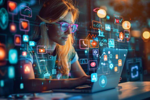 Frau am Laptop mit KI-Overlays – Social Media Marketing mit KI-SEO, Schema.org und antwortfähigen Inhalten.