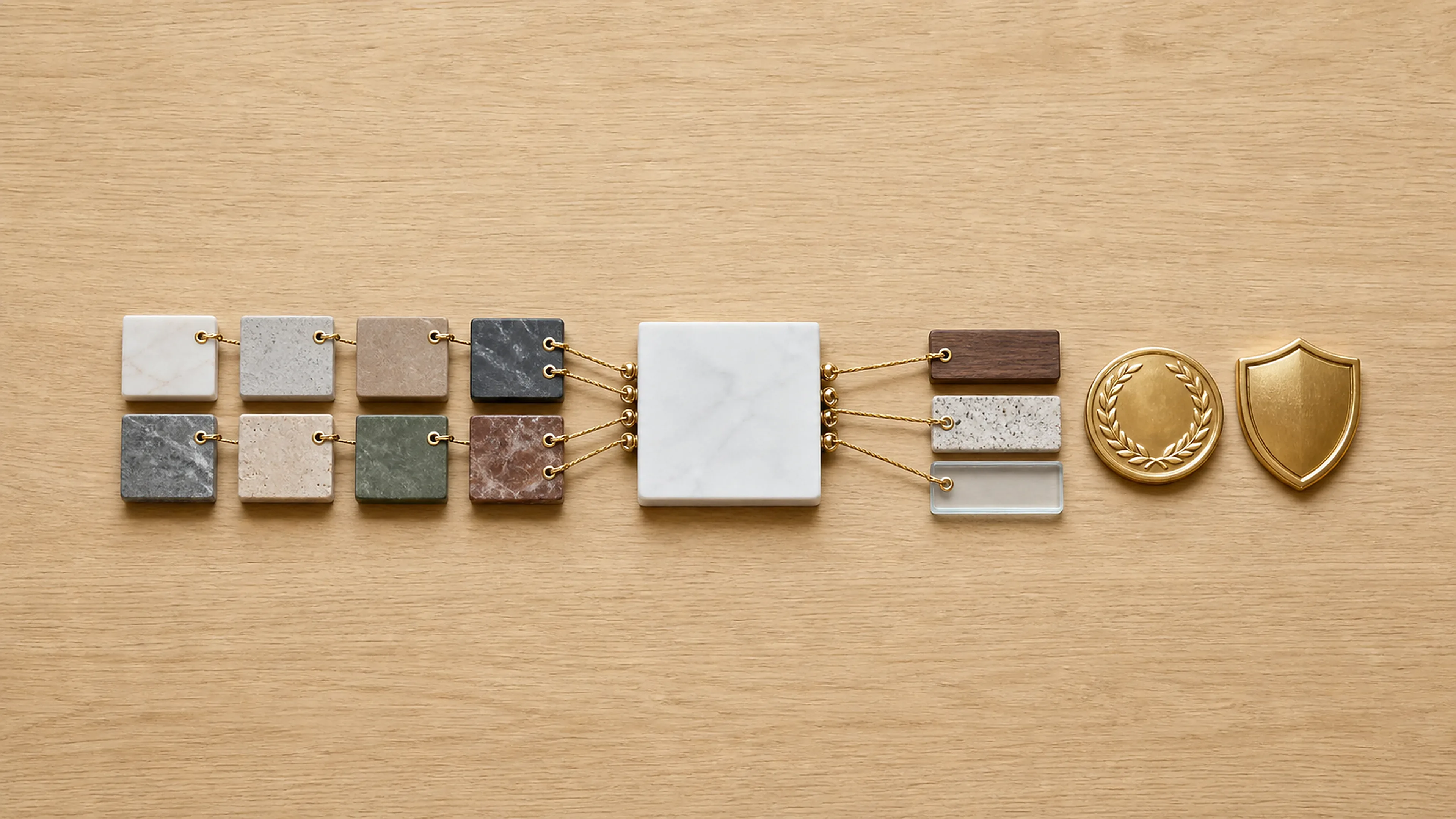 Mehrere unterschiedliche Themenquellen und Unterseiten stärken über vollständige Links eine zentrale Ressource; Medaille und Schild stehen für Autorität und Vertrauen