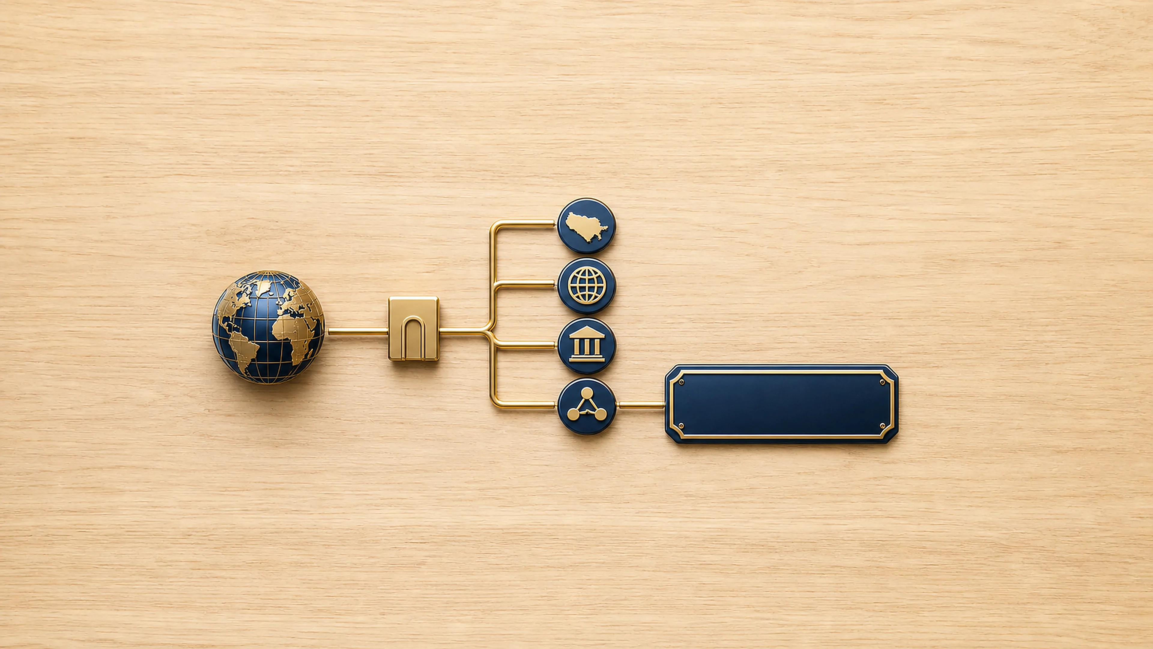 Ein Internetglobus verzweigt über eine Hierarchie in verschiedene Endungstypen für Land, globale Nutzung, Organisation und Netzwerk und führt zu einer ausgewählten Domainplakette