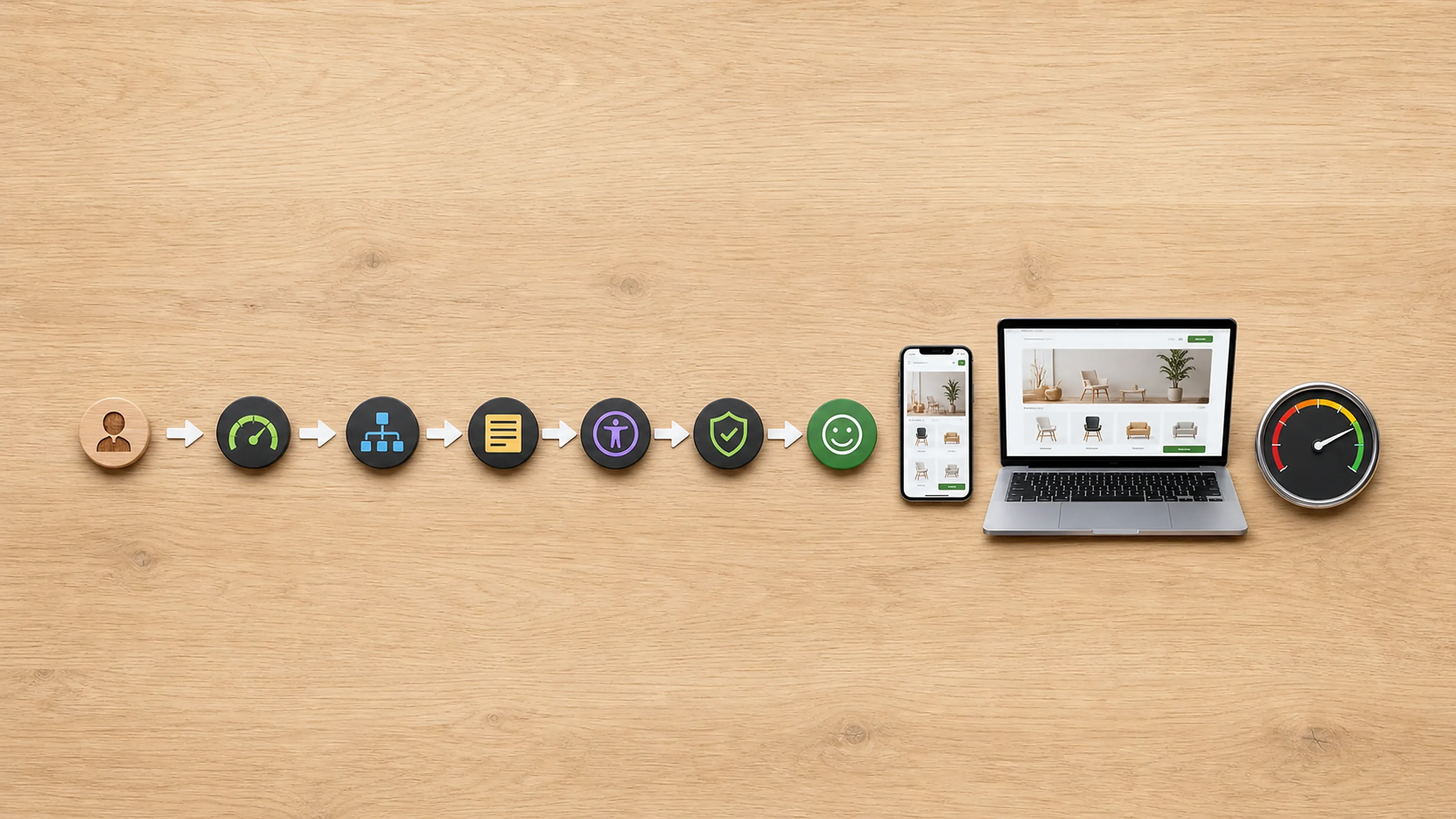 Ein Besucher durchläuft Geschwindigkeit, Navigation, Inhalte, Barrierefreiheit, Sicherheit und Zufriedenheit bis zur responsiven Webseite und einer guten Leistungsanzeige