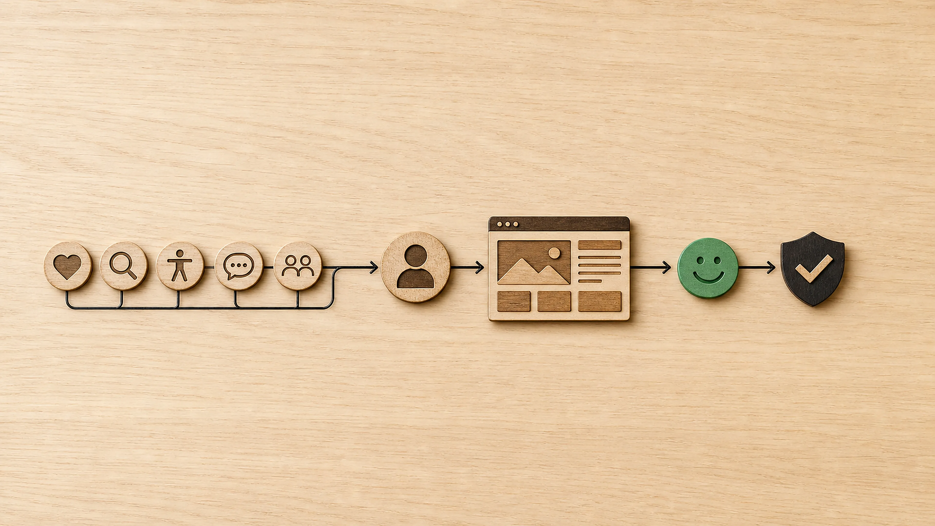 Bedürfnisse, Suche, Barrierefreiheit, Feedback und Nutzergruppen fließen in ein zentrales Personenprofil und anschließend in einen Website-Prototyp, Zufriedenheit und Vertrauen