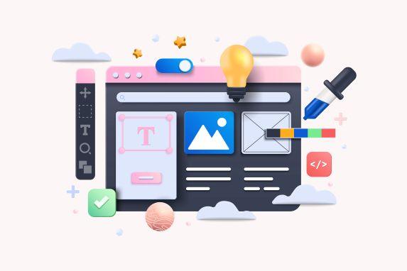 Illustration eines Website-Builders – Text, Bild, Farbwahl, Code und UX-Elemente für schnelle, suchstarke Websites mit messbaren Anfragen.