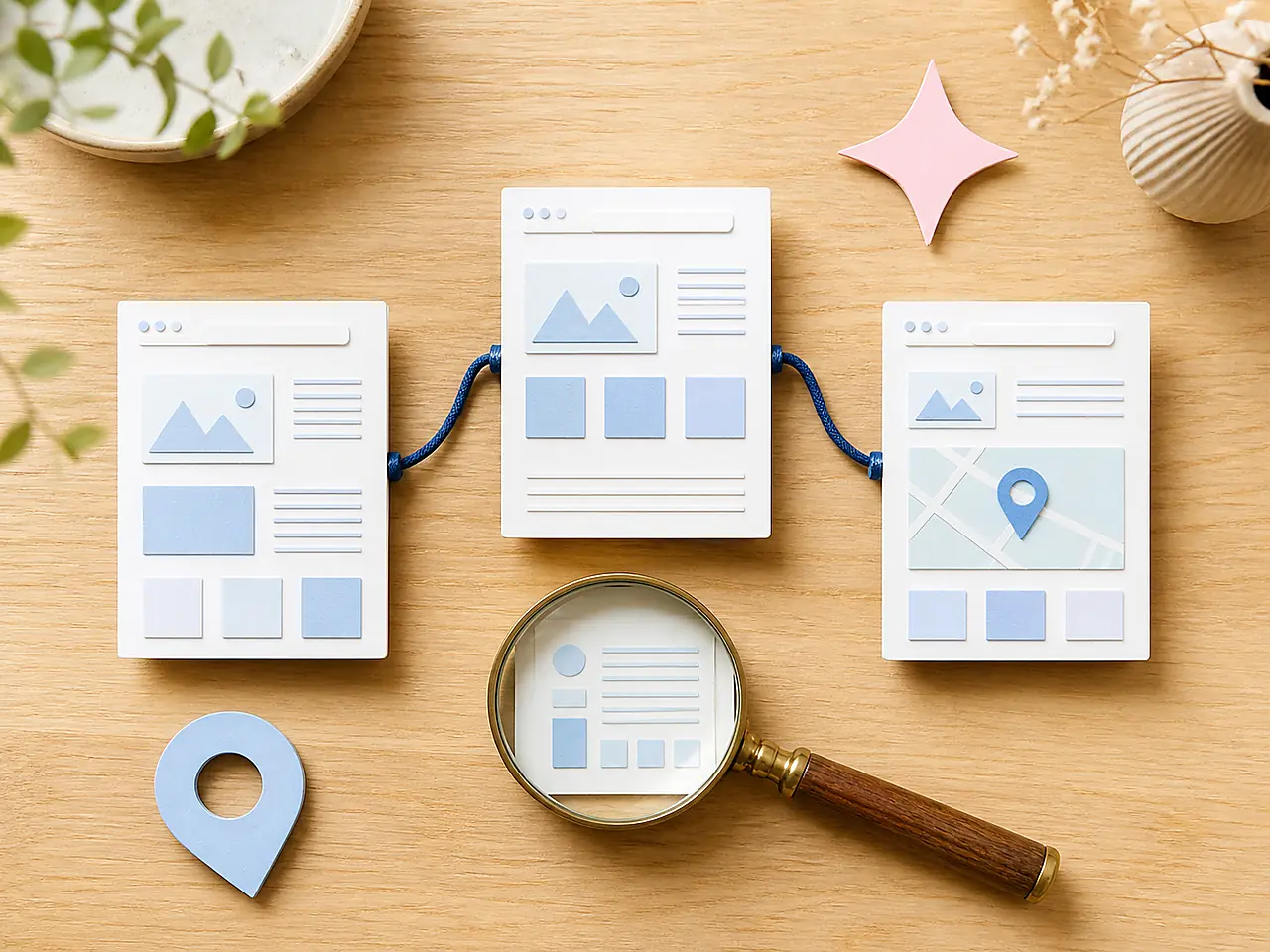 Verbundene Website-Modelle mit Lupe und Standortmarkierung für SEO, GEO und Local SEO