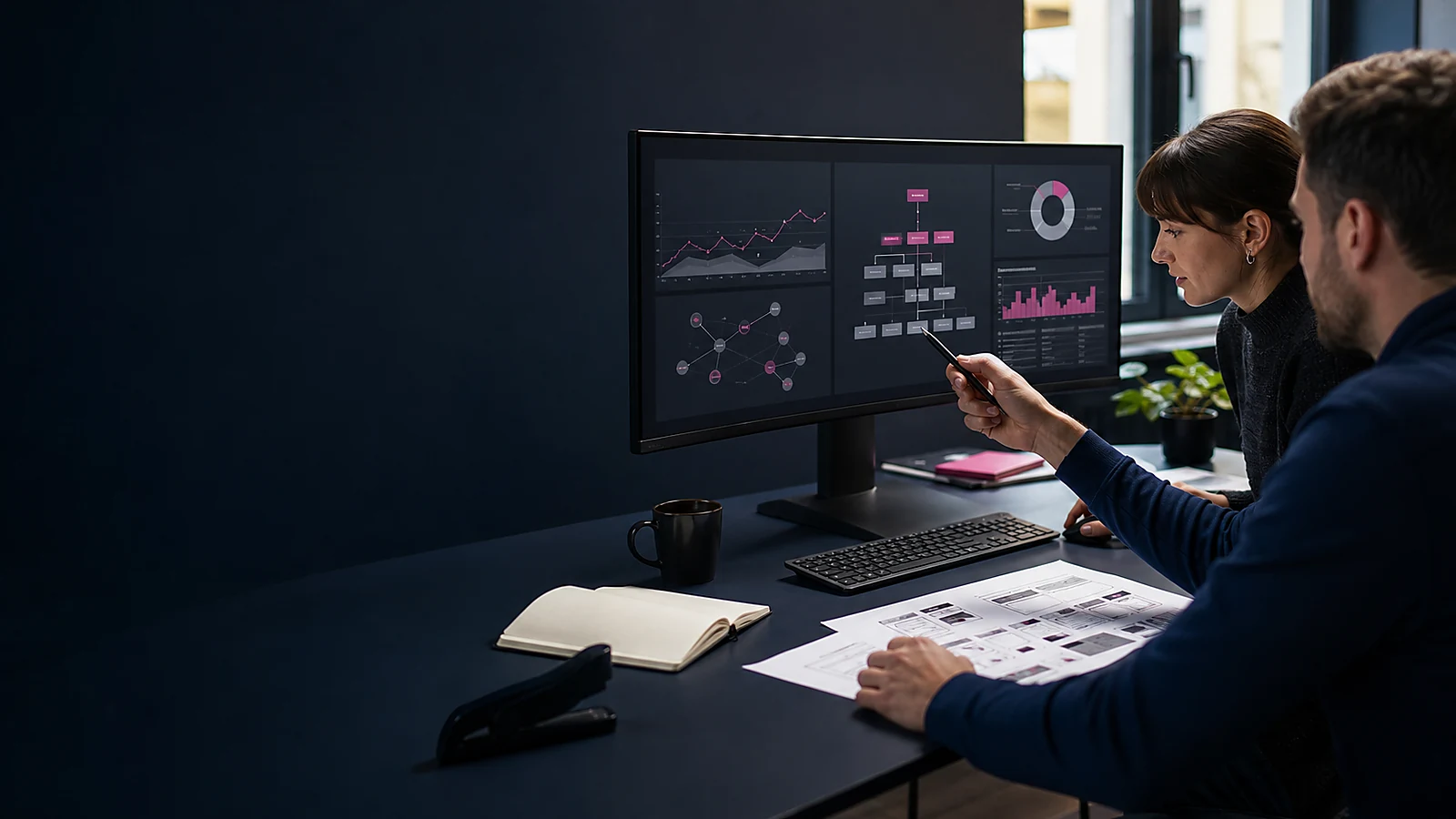 Website-Modelle, Kompass und Analysedaten als Symbol für die digitale Strategie von WebSeo