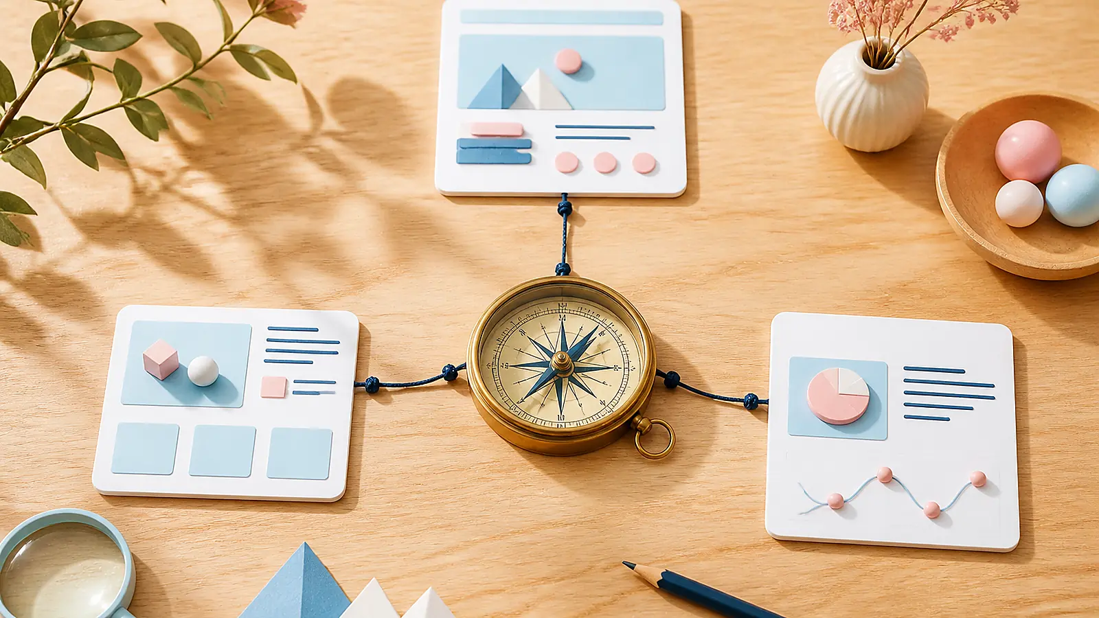 Website-Modelle, Kompass und Analysedaten als Symbol für die digitale Strategie von WebSeo