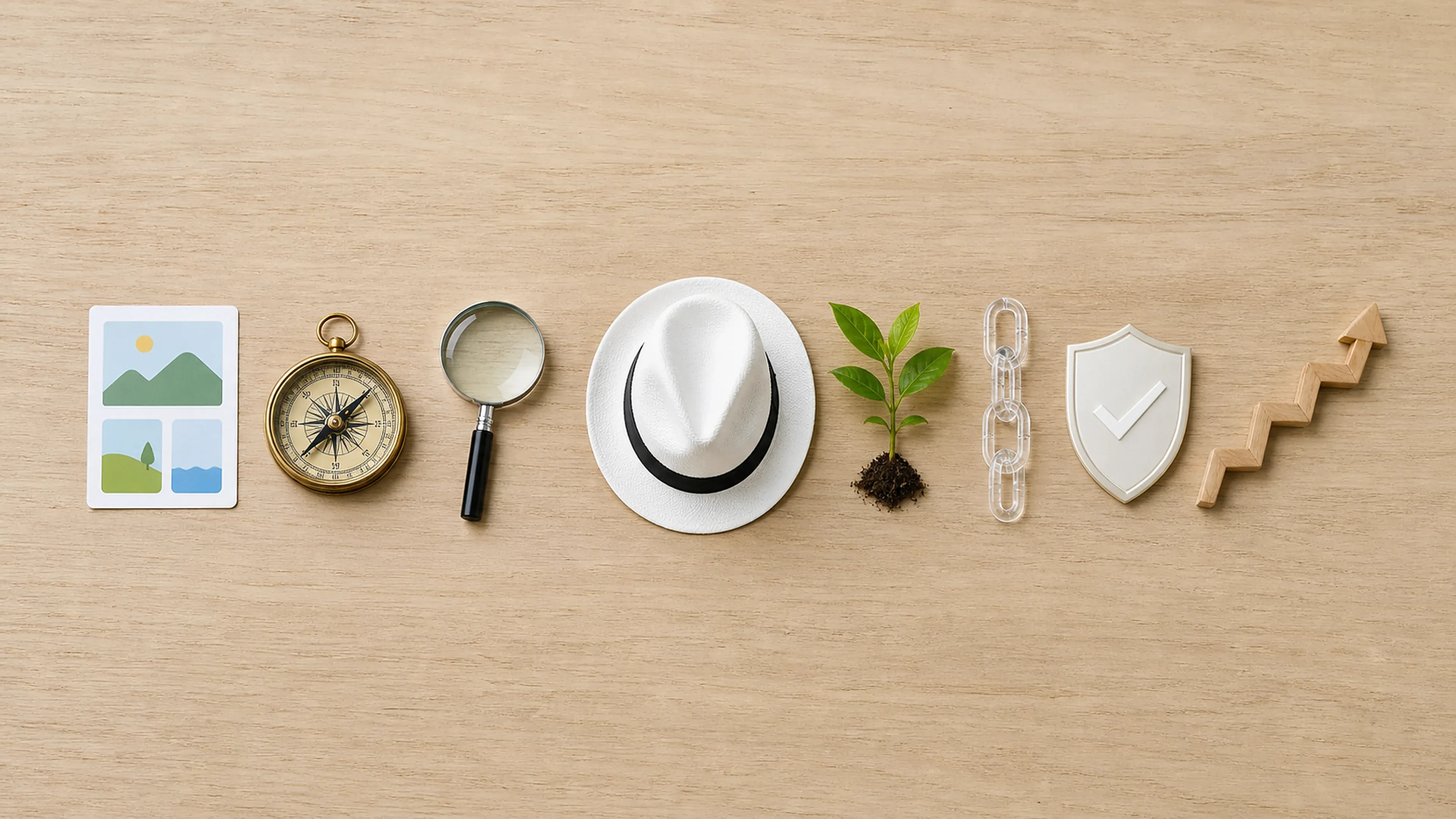Hochwertige Inhalte, Kompass, Lupe, weißer Hut, wachsende Pflanze, stabile Linkkette, Prüfschild und Aufwärtspfad stehen für nachhaltige White-Hat-SEO