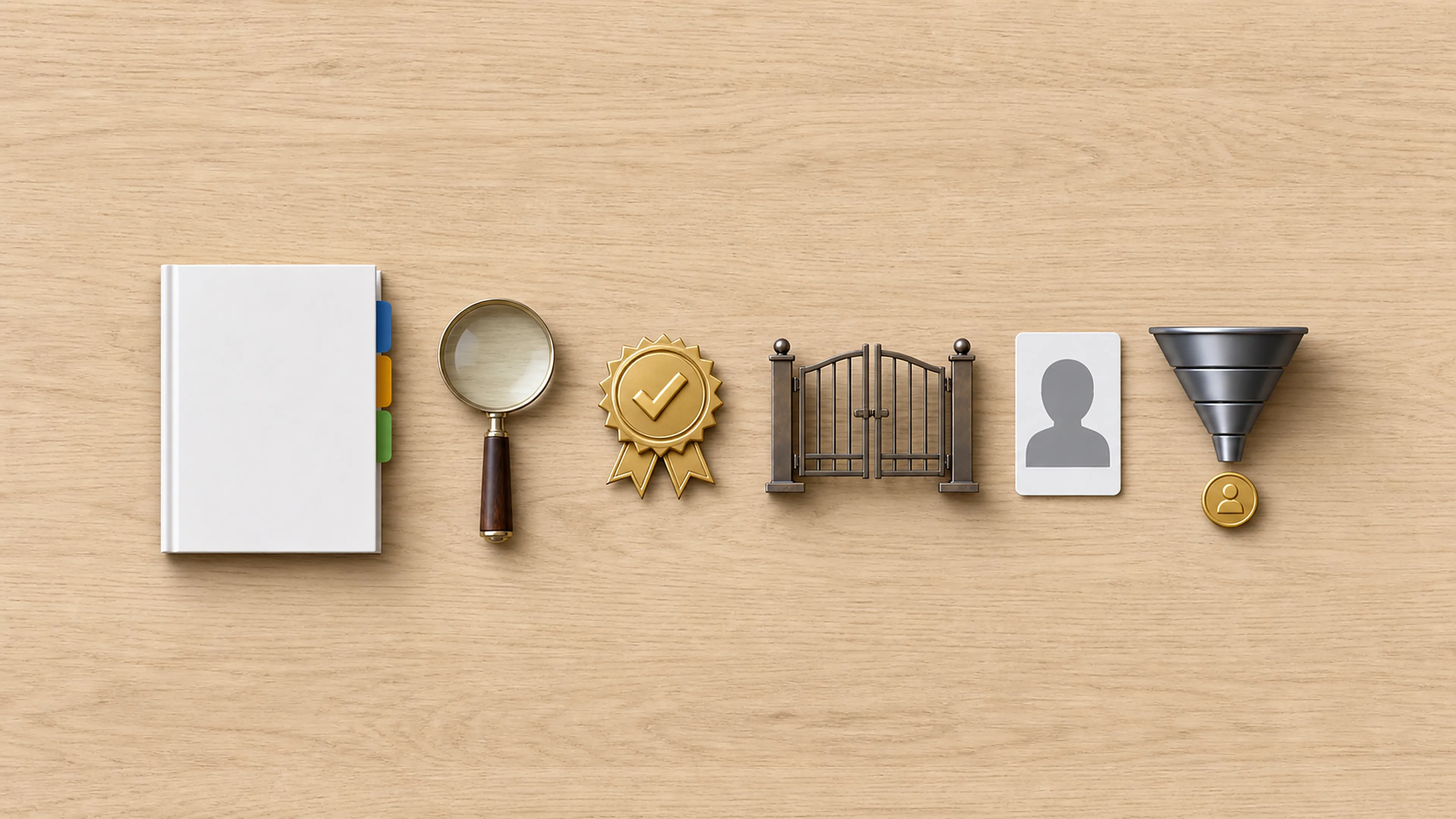 Ein gebundenes Fachpapier führt über Recherche und Qualitätssiegel durch ein Zugangstor zu einem qualifizierten Kontakt und einem klaren Lead-Trichter