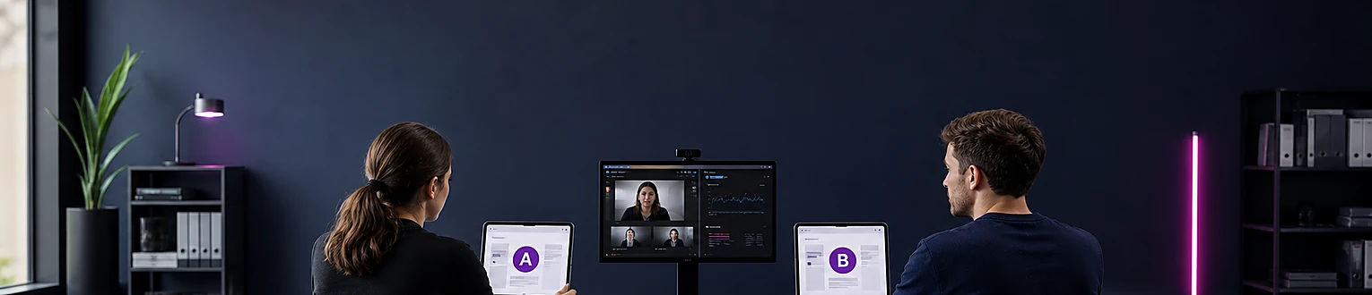 UX-Team bewertet zwei Interface-Varianten A und B an einem gemeinsamen Arbeitsplatz