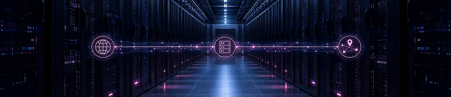 Rechenzentrum mit visualisierter DNS-Verbindung zwischen Domain, Server und IPv4-Ziel