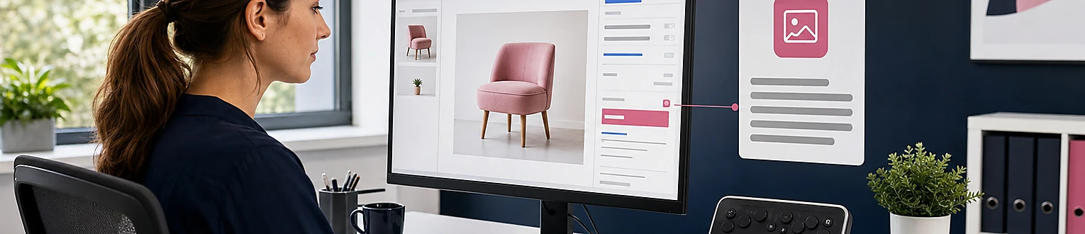 Redakteurin prüft den kontextgerechten Alternativtext eines Produktfotos mit einem Screenreader