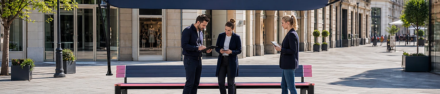 Marketingteam begutachtet eine genehmigte Außeninstallation, die ihre Umgebung in die Markenbotschaft einbezieht