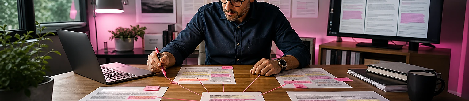 SEO-Redakteur prüft unterschiedliche natürliche Linktexte in ihren jeweiligen Inhaltskontexten