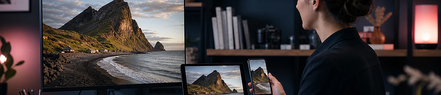 Webdesignerin vergleicht eigenständige Bildausschnitte für Desktop, Tablet und Smartphone
