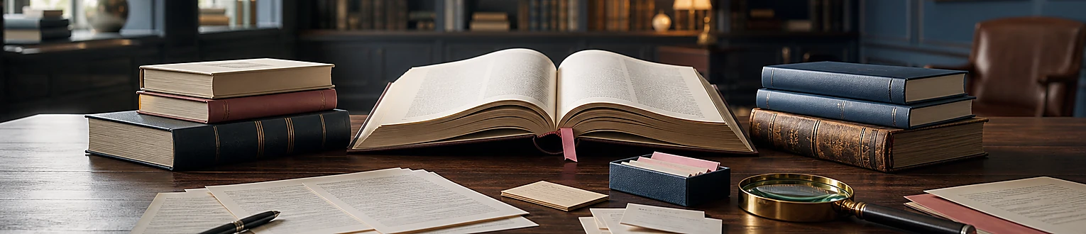Geprüfte Fachliteratur und Referenzen liegen geordnet auf einem Recherchearbeitsplatz