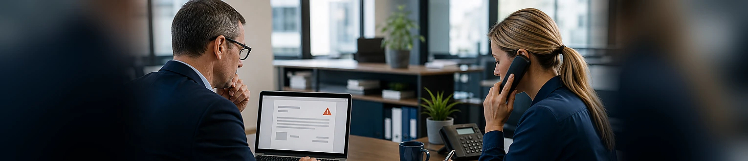 Finanz- und IT-Fachleute verifizieren eine verdächtige Zahlungsanweisung über einen zweiten Kontaktweg