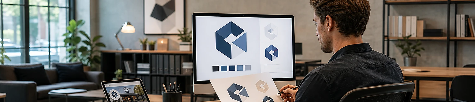 Grafikdesigner prüft ein geometrisches Firmenlogo auf Monitor und Markenbogen