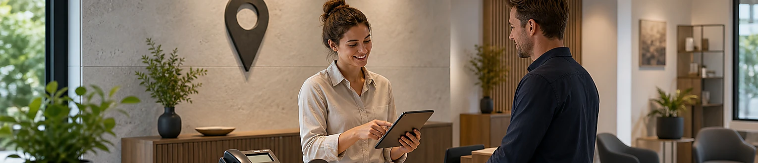Mitarbeiterin gleicht die geschäftliche Telefonnummer am Empfang mit einem Tablet ab