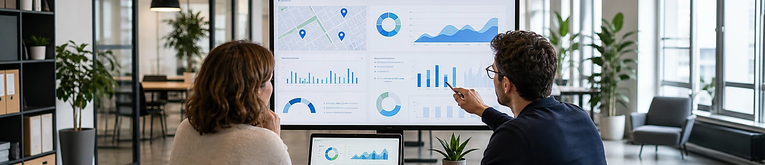 Marketingteam analysiert Leistungsdaten eines lokalen Unternehmensprofils