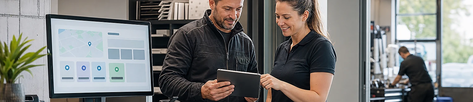 Inhaber und Mitarbeiterin pflegen die Dienstleistungen eines lokalen Betriebs im Unternehmensprofil